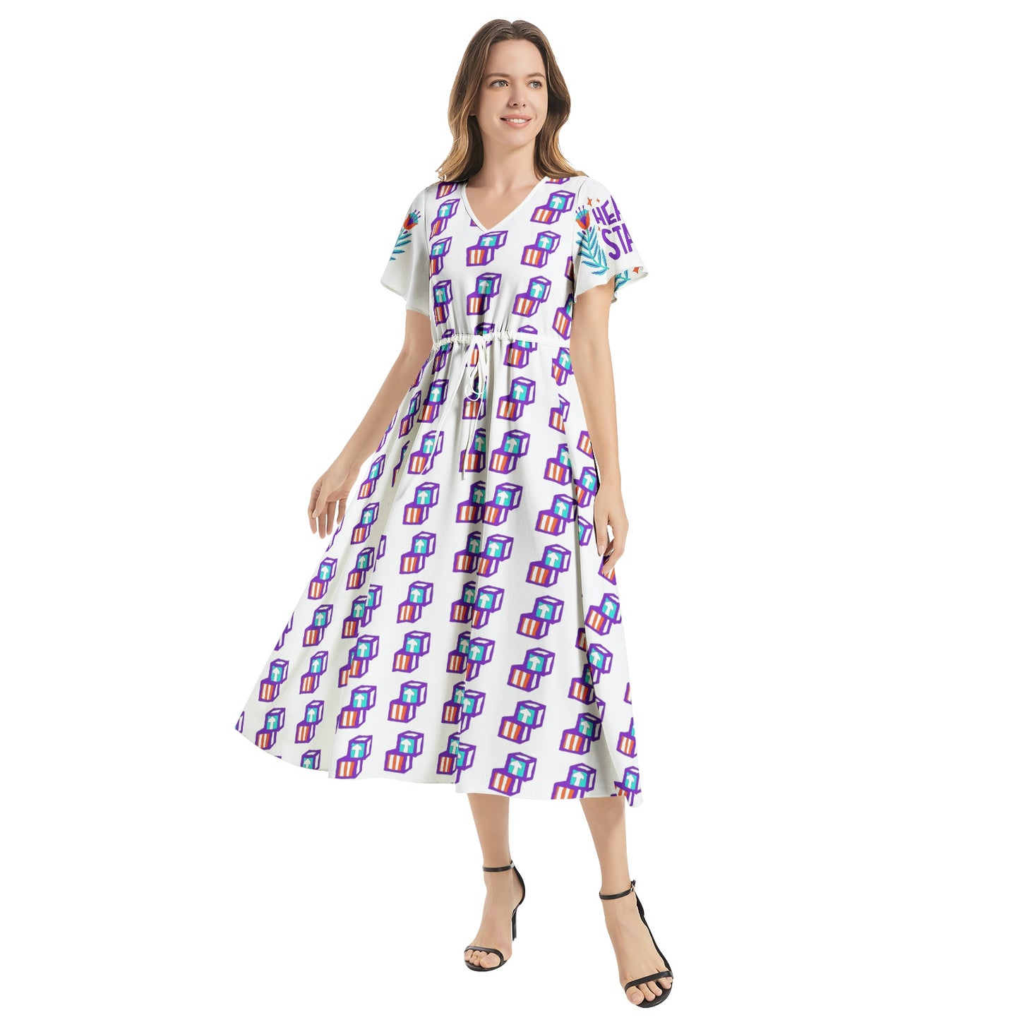 Head Start Summer Bloom Flutter Sleeve Drawstring Waist Flared Dress