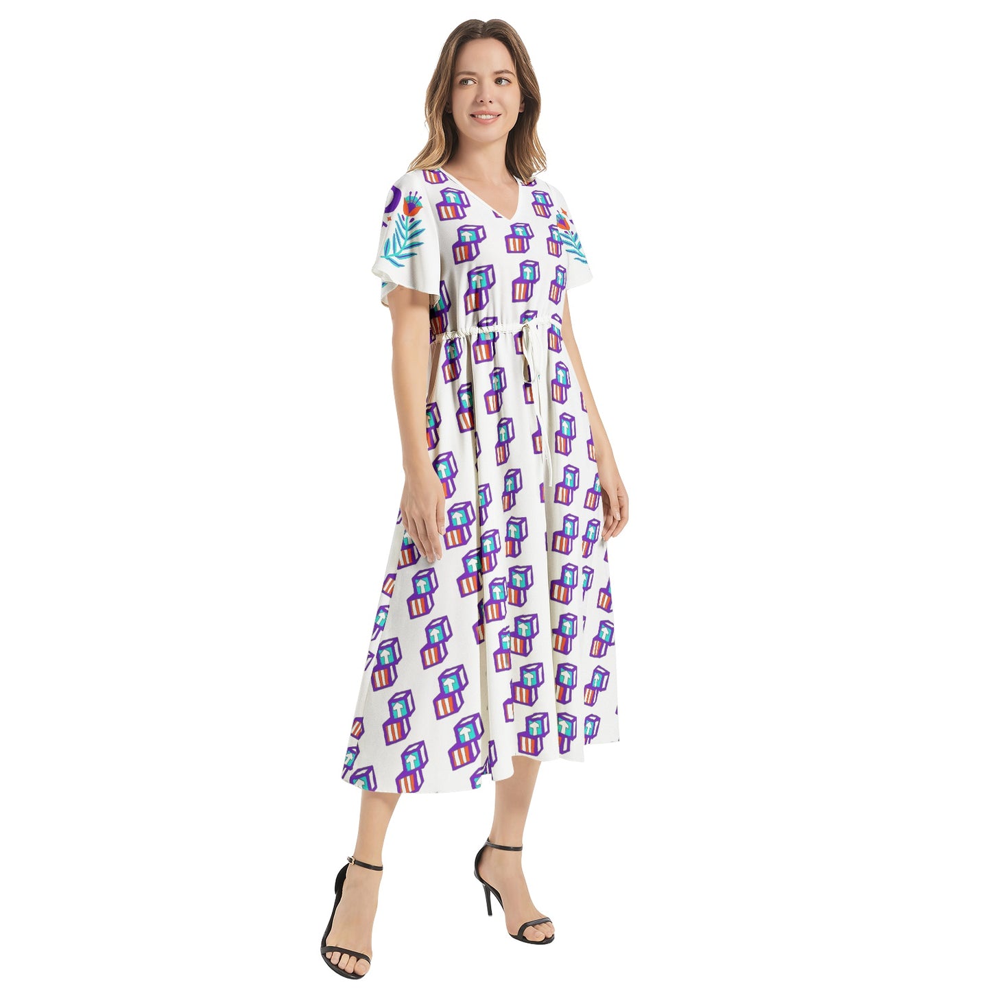 Head Start Summer Bloom Flutter Sleeve Drawstring Waist Flared Dress