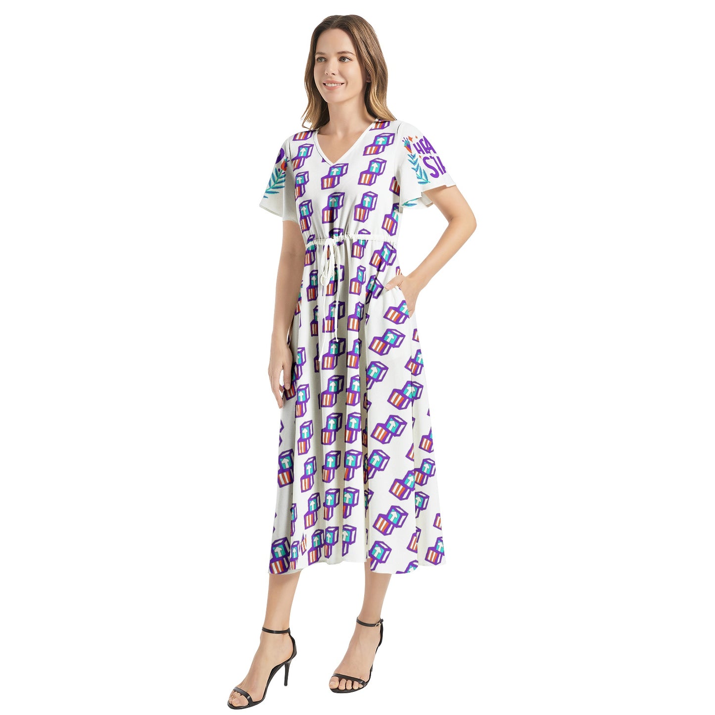 Head Start Summer Bloom Flutter Sleeve Drawstring Waist Flared Dress