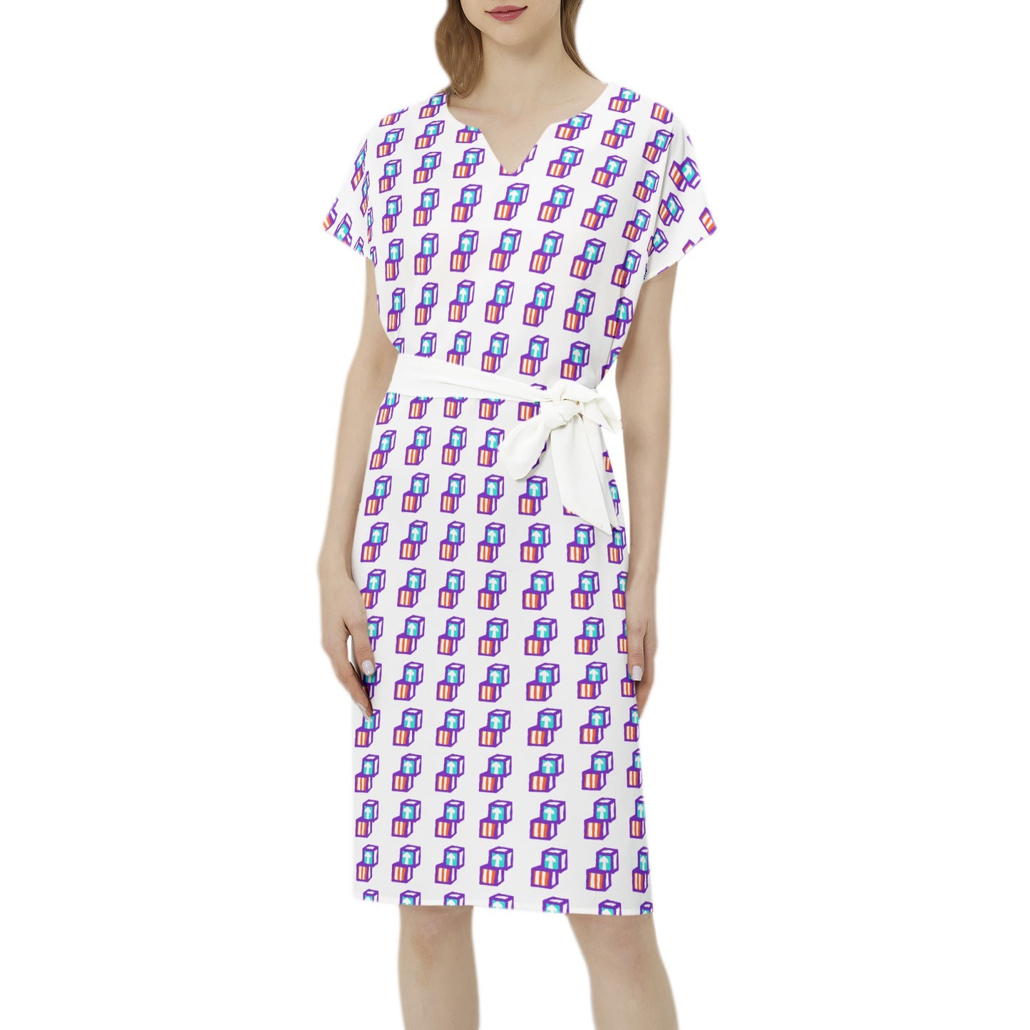 Head Start Summer Bloom Betwing Seleeve Notch Neck Casual Dress with Belt