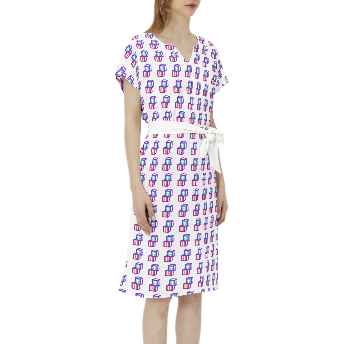 Head Start Summer Bloom Betwing Seleeve Notch Neck Casual Dress with Belt